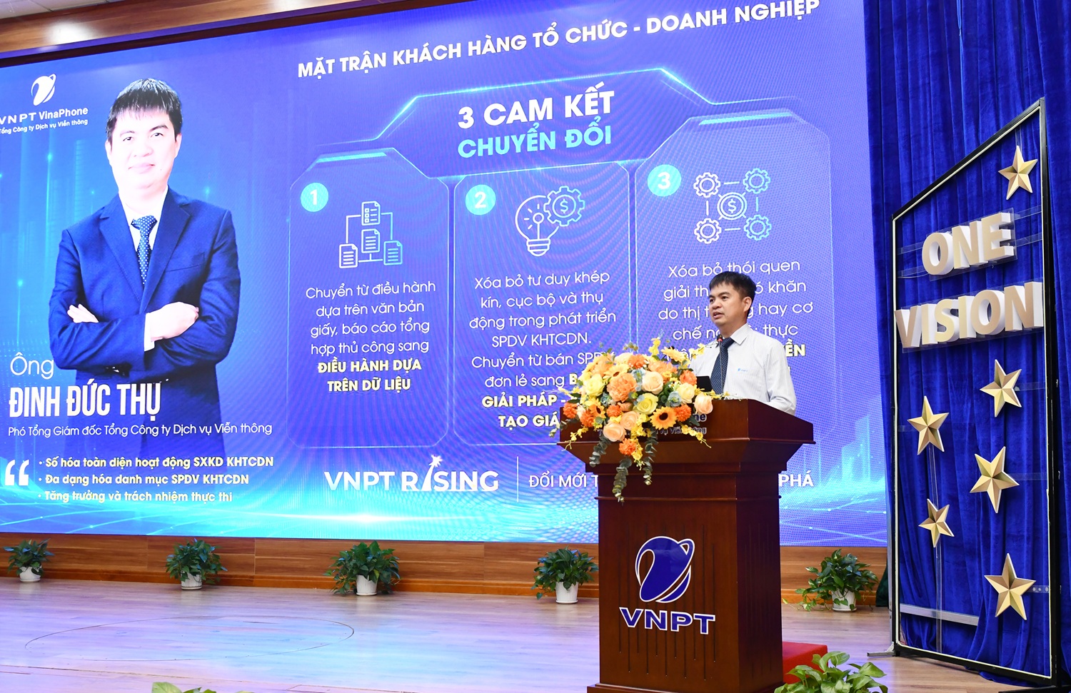 Ông Đinh Đức Thụ - Phó Tổng Giám đốc VNPT VinaPhone công bố 3 cam kết triển khai VNPT Rising trong Mặt trận Khách hàng Tổ chức - Doanh nghiệp